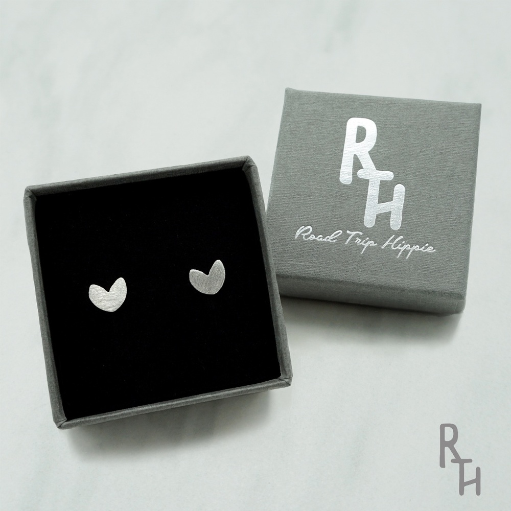 Dainty Brushed Sterling Silver Heart Stud Earrings